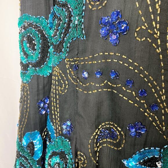Fantasy by Lisa Kane Vintage XL Silk Beaded Top Black Blue Sequin Floral Beaded - Picture 11 of 16